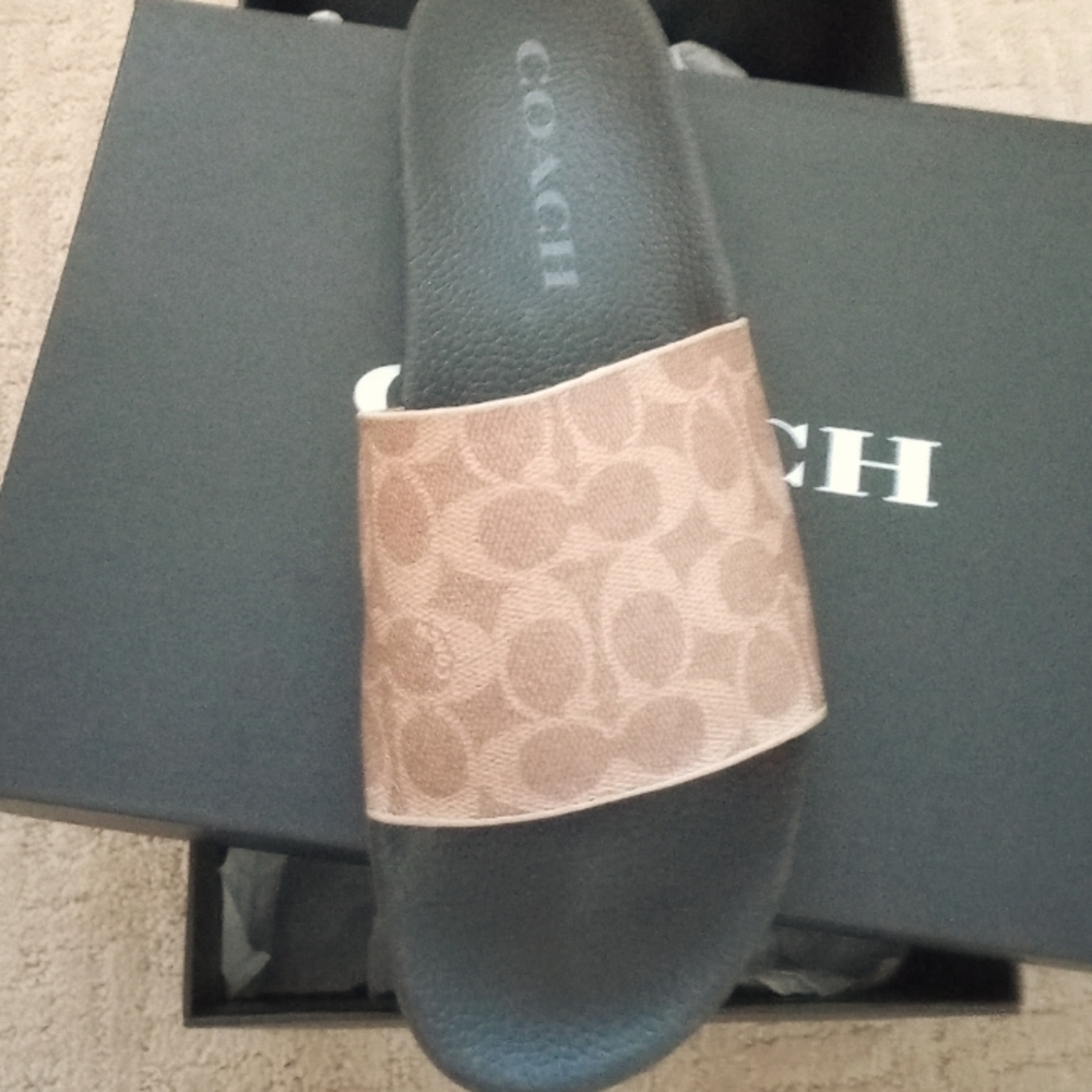 Coach slip on sandals, 11 , tan/bronze